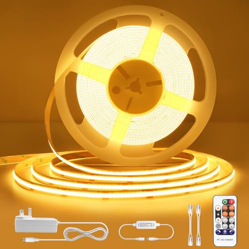 Cob LED Strip Light 10m with Timer, Dimmable Tape Lights with RF Remote 3000K Warm White, 24V Strip Lights Kit CRI90+, Self-Adhesive Rope Light for DIY Home Decoration Kitchen TV Wall Bedroom Cabinet