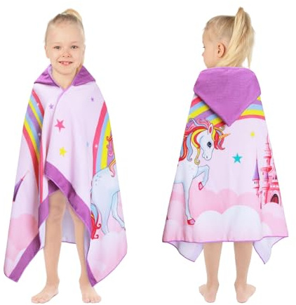 decalsweet Poncho da Bagno per Bambini Morbido e Assorbente, Asciugamano da Spiaggia con Cappuccio, Telo Mare Accappatoio in Microfibra, Accappatoio Piscina per Ragazza Ragazzi (Unicorno Arcobaleno)