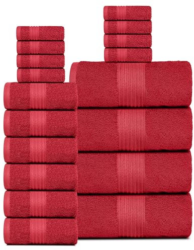 Dewall Maisons Dunkelrotes 18-teiliges Plüsch-Baumwollhandtuch-Set, ultra-saugfähig & weich, perfekt für moderne Badezimmer, inklusive 4 Badetücher, 6 Handtücher, 8 Waschlappen - für Körper, Gesicht &