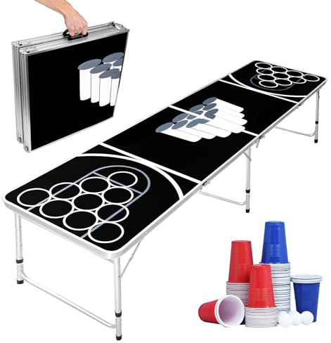 LILIIN Bierpong Tische Set Klappbarer Trinkspiel Tisch 3 Höhenverstellbar Beer Pong Tisch mit 5 Weißen Tischtennisbällen, 50 Roten und 50 Blauen Bechern Beerpong Table für Partyspiele