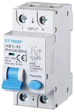 ETTROIT INTERRUTTORI MAGNETOTERMICI DIFFERENZIALI SALVAVITA PER BARRA DIN 2 MODULI 1P+N 240V 300mA 6KA (40A)