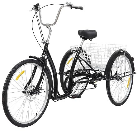 KumuJ 26 Zoll Dreirad für Erwachsene 6 Gänge Cruise Cityräder mit Einkaufskorb bis, fahrradpolster Sattel Rückenlehne Tricycle 3 Rad Erwachsene City Tricycle Fahrrad für Fahrten, Einkaufen (Schwarz)