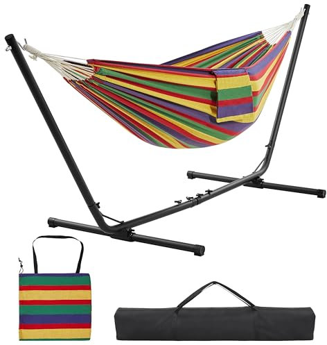 Yaheetech Hängematte mit Gestell, Verstellbarer Doppelhängematte 294/304/314cm mit Stabiler Rahmen, bis 205 kg Belastbar, Großzügige 2-3 Personen Hammock für Indoor & Outdoor, Regenbogenstreifen