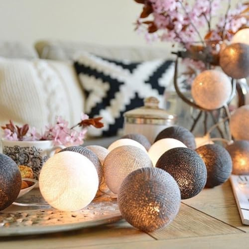 HOTUT Baumwollkugeln Lichterkette, 3,3 m Cotton Ball Lichterkette, 20 LED Kugeln, Batteriebetrieben, Bunte Kugel, LED für Kinderzimmer Schlafzimmer Weihnachten Hochzeit Party (Grau)
