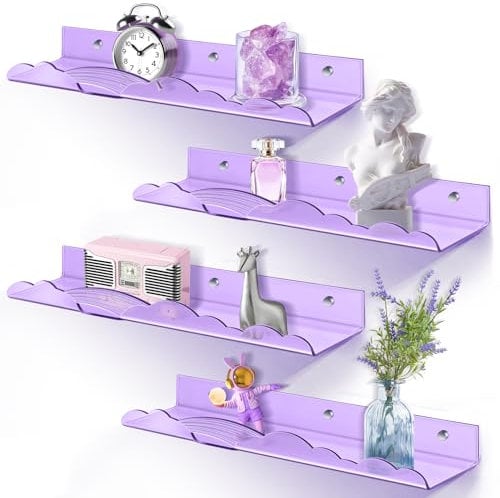 wooshwa Rainbow Acrylic Floating Shelves, 15in Kids Wall Mounted Nursery Bookshelves, Display Ledge for Books Toys Cosmetic Storage, Bathroom Bedroom Living Room Wall Organizer, 4 Pack, Purple