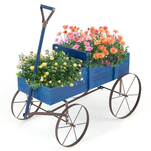 HOMASIS Blumenwagen Holz, Blumenkarre mit 4 Metall Rädern, Griff & 2 Fächern, Blumenständer Holzwagen Pflanzschubkarre, Blumenkasten Gartendeko für Garten Balkon Terasse, 62x34x60cm (Blau)