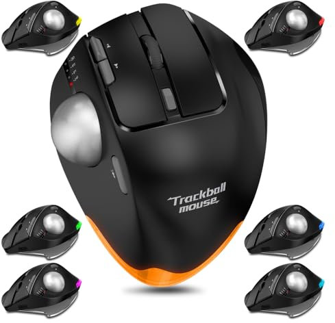 Kabellose Trackball-Maus, Ergonomische Bluetooth/USB-RGB-Maus 4800 DPI, 8 Tasten, Einstellbarer Winkel für PC/Mac/Windows, 3 Geräte Verbindbar, Wiederaufladbar, Schwarz
