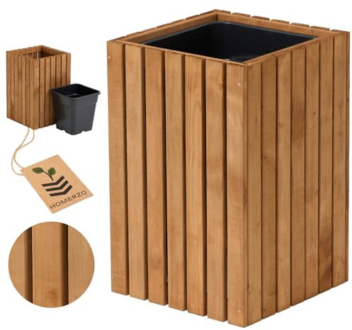 HOMERZO Pflanzkübel Holz – imprägniert wetterfest – mit herausnehmbarem Kunststoffeinsatz – Pflanztopf Blumenkasten für Balkon Garten Terrasse (Vertikal-braun 36x36 H55 cm)