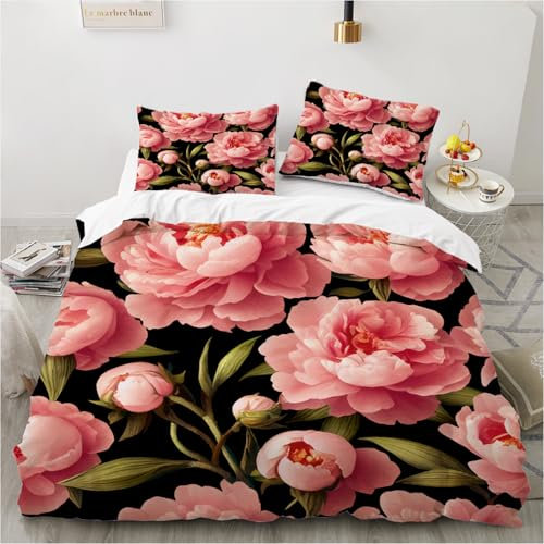 Luowei Bettwäsche 200x200 Blumen Motiv Rosa Floral Bettwäsche 3D Aesthetic Blumen Bettwäsche Weich Kuschelig Mikrofaser Bettwäsche 3 Teilig mit Reißverschluss und 2 Kissenbezüge 80x80 cm
