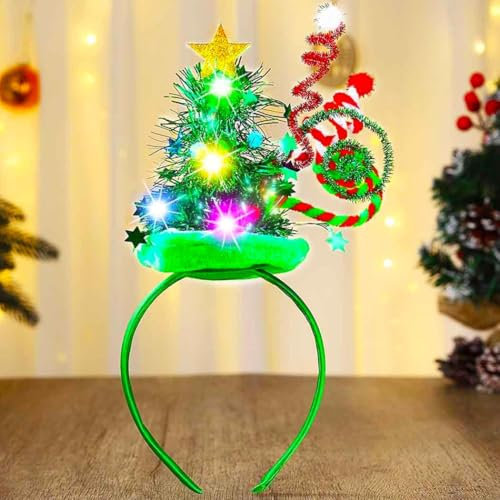 Evlry Bandeau de Noël avec lumières Arbre à paillettes lumineux Chapeau étoile Accessoire de cheveux pour femme (Vert)