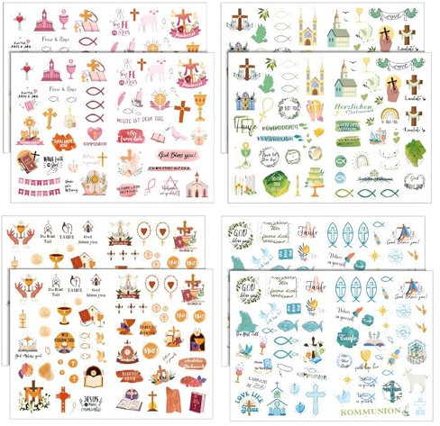 16 Bögen Taufe Kommunion Kinder Sticker, Konfirmation Deko Aufkleber, Taube Kreuz Fisch für Basteln Taufe, Kommunion Stickerbögen Mädchen Junge für Scrapbooking, Basteln