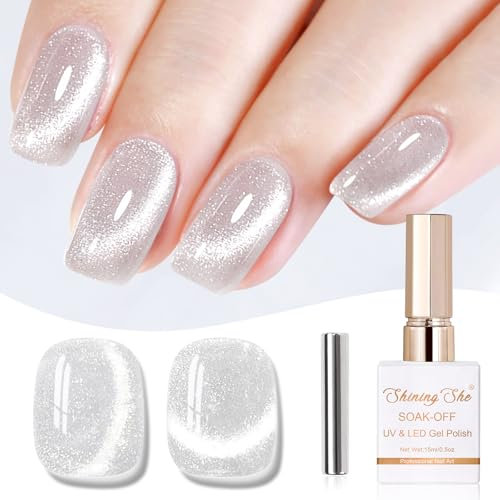 Shining She Gel Nail Polish Cat Eye, 15ML Silver Glitter Magnetic Gel Polish with Magnet Soak-Off UV/LED Holographic Nail Polish for Nail Art Salon DIY Home, 1PC