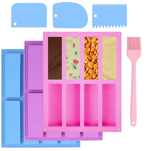 QMLING Lot de 3 moules à barres de céréales, en silicone, antiadhésifs, à 8 cavités, avec grattoir et brosse, moule en silicone sans BPA, pour muffins, gâteaux, brownies, chocolats