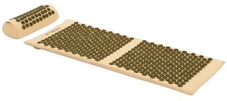 TREXO Große Akupressurmatte mit Kissen in Braun 110x44x2 cm mit Kissen 38x15 cm inklusive Bezug Aus Baumwolle und 18D-Schwamm Abriebfeste PVC Spikes Lindert Muskelverspannungen