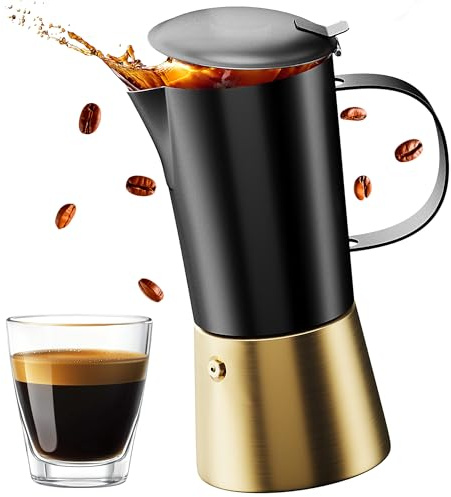 Stainless Steel Moka Pot 6 Cup Espresso Maker (12 fl oz), Stovetop Coffee Maker for Induction, Gas & Electric Stoves, Italian Coffee Brewer with Safety Valve, Black & Gold