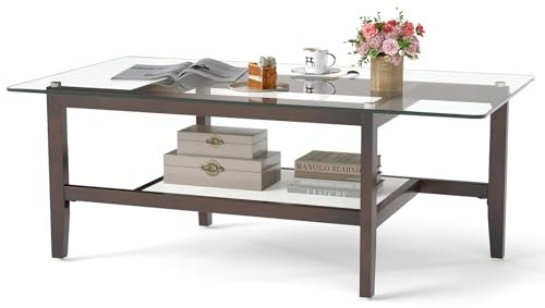 GOPLUS Table Basse en Verre Trempé, Table de Salon Rectangulaire à 2 Niveaux avec Étagère de Rangement, Vitré Style Moderne avec Pieds en Bois Massif, Charge 80+25KG (107x60x42CM)