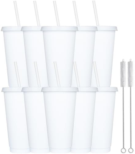 Yisituo 10 Stück Trinkbecher mit Deckel und Strohhalm, 710ml Wiederverwendbare Plastikbecher mit für Smoothies, Kaffee, Party und Reise (10, Weiß)