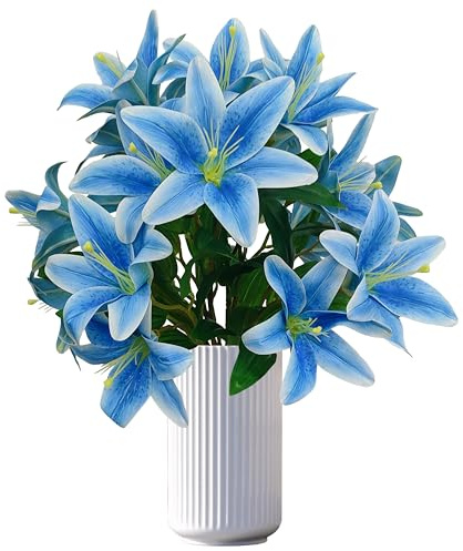 Künstliche blaue Lilien, künstliche Lilien, 50,8 cm, Tigerlilienzweig mit 2 vollen Blüten, künstliche Lilien für Hochzeitsstrauß, Zuhause, Party, Innenbereich, Blumenarrangements (10, blau)