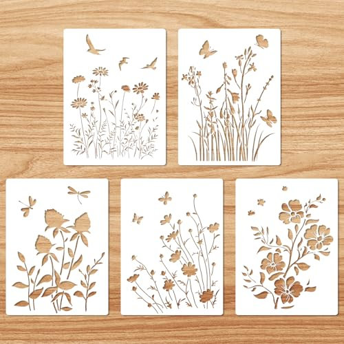 5stk Große Wildblumen Schablonen, Wiederverwendbare Blätter- und Florale Schablonen Lebendige Pflanzen Schmetterlings Zeichenvorlagen zum Malen auf Holz Basteln Leinwand Wand DIY (Stil A)