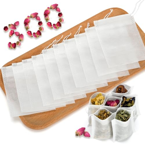 300Pcs Disposable Tea Bags for Loose Leaf Tea, Empty Tea Filter Bags with Cotton Drawstring, Fillable Tea Infuser Sachets for Loose Tea, Coffee, Herb, Spice and More (3.54x 2.75)