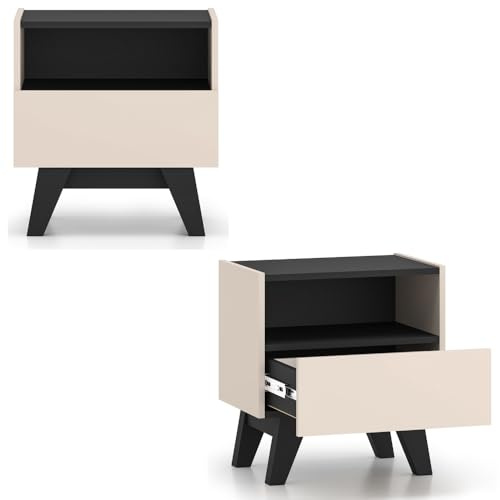 Lomadox Schlafzimmer 2er Set Nachtkommoden 50 cm breit in Kaschmir mit schwarz modern Schubladen und Fächer Möbelfüße grifflos Softclose