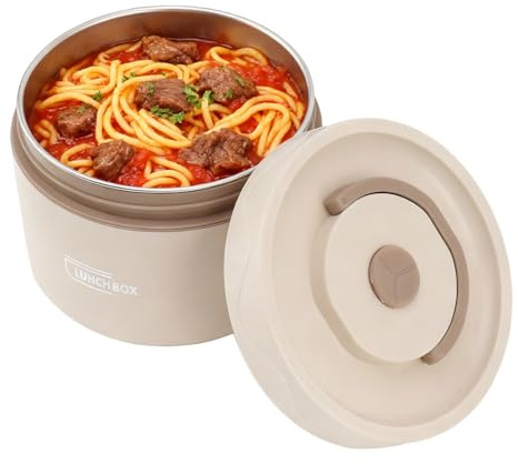 Hapivida Food Thermo, 550ml 304 Stainless Steel Double-Walled Soup Container Portable Round Lunch Food Jar Wide Mouth Bento Box for Work, School, Outdoor Dining (Microwaveable-Beige)