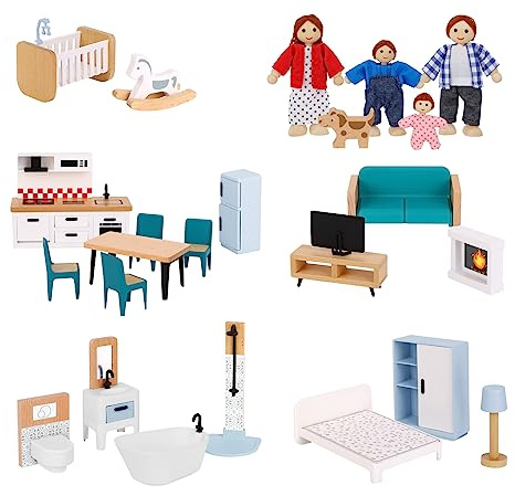 OOOK Wooden Dollhouse Accessories and Furniture with 4 Family Dolls and Dog