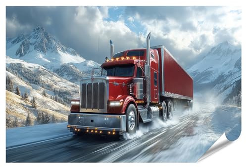islandburner XXL Bild Poster Roter LKW auf schneebedeckter Straße in Berglandschaft Premium Bilder Fotodruck