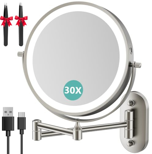 Auxmir Specchio Trucco con Ingrandimento 30X/1X, Specchio da Parete a 54 LED 3 Colori di Luce, Specchio Estensibile, Rotazione a 360°, Alimentato da Batterie Ricaricabile 3200mAh, per Bagno Hotel Spa
