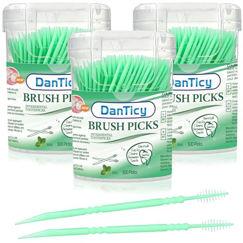 Palillos de dientes con sabor a menta, palillos interdentales, cerdas suaves, ayuda a eliminar la placa y los desechos entre los dientes, menta, 900 unidades (paquete de 3)