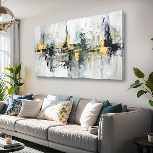 AEXOIO Abstraktes Wandbild in Schwarz, Grau, Grün, Gold, Beige und Weiß – Großes modernes minimalistisches Gemälde in Beige und Gold für das Wohnzimmer 90x135cm/35x53in
