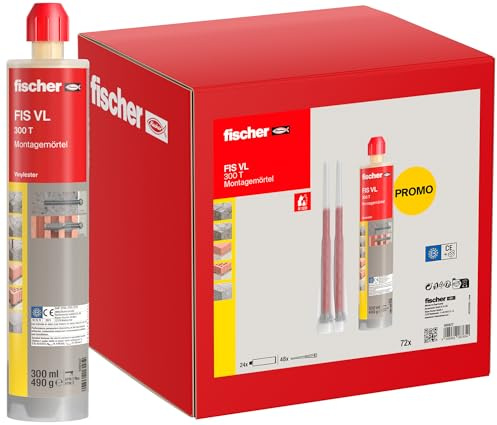 fischer Montagemörtel FIS VL 300 T im Umkarton, 2K-Injektionsmörtel auf Vinylesterbasis, für Beton und Mauerwerk, spreizdruckfreie Befestigung, 24 x 300 ml Kartuschen und 48 x Statikmischer