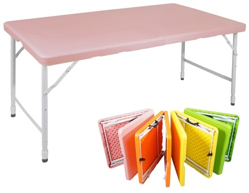 HaoChrymec Table Pliable Portable 125cm, Structure en Métal + Plastique, Hauteur Réglable, Table Multifonction pour Camping, Pique-Nique, Fête, Intérieur/Extérieur, Capacité 135KG, Rose