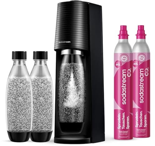 Sodastream - Terra Wassersprudler, Quick Connect Zylindersystem, mit 2x 60L CO2-Zylinder, 3x BPA-freie 1L Flasche, spülmaschinengeeignet, Nachhaltig & reduziert Einwegplastikmüll, schwarz