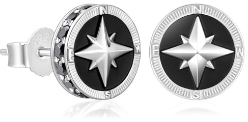 KRKC&CO Herren Ohrringe Silber 925, Ohrringe Schwarz, Nickelfrei & Wasserdicht Ohrstecker Männer, 9mm, für Urban Streetwear Enthusiasten, Kompass