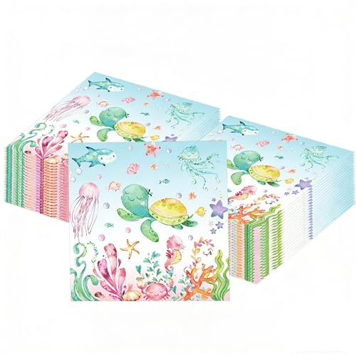 Servietten Kindergeburtstag, Ozean 20 Stück, 33x33 cm, 2-lagig - Unterwasserwelt Motiv mit Schildkröte, Seepferdchen Ideal für Kindergeburtstag, Babyparty, Taufe & Mottoparty Jungen & Mädchen