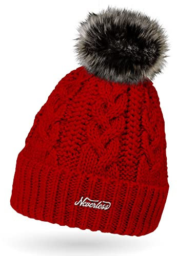 Neverless Damen Strick-Mütze gefüttert mit Kunst-Fell-Bommel, Winter-Mütze, Bommelmütze, rot Unisize