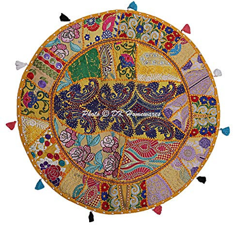 DK Homewares Ethnisch Baumwolle bodenkissen bezug abnehmbar 70x70 Orientalische Bodenkissen Bohemian Mango-Gelb Patchwork Gestickt Wohnkultur Rund Vintage Bodenkissenbezug - 28x28 Inch