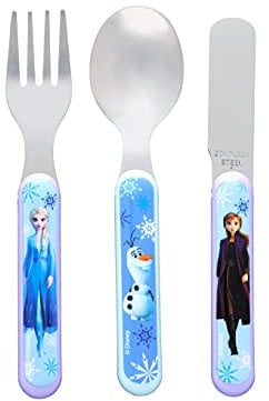 Disney II Frozen - Juego de cubiertos de 3 piezas de metal, cuchillo, tenedor y cuchara reutilizables para niños, tamaño infantil, hecho de acero inoxidable apto para alimentos y plástico ABS, con