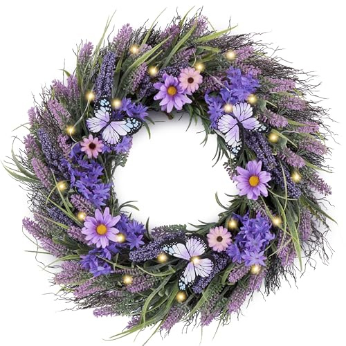 Valery Madelyn Frühlings-Lavendel-Kränze für Haustür, künstlicher Blumenkranz mit Lichtern, Violette Glockenblumen, Beeren, Schmetterling, für Zuhause, draußen, Hochzeit, Veranda, Fensterbogen