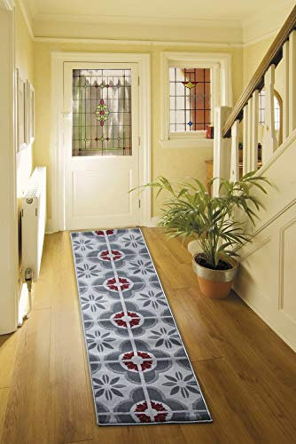 Bravich Modern Geometric Tiles Checkered Pattern Very Long Hallway Hall Runner Narrow Rugs Custom Length Grey & Red Stair Carpet Mats 60x300CM (2'X10')