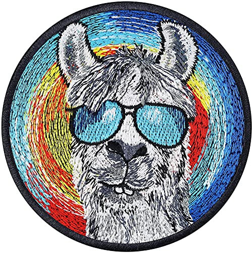 AufnäherCOOLES LAMA Geschenk lustiger Dekoaufbügler Comic Lamakopf Lama Rucksack Sticker Regenbogen Aufkleber/Bügelbild Stoff Applikation zum annähen/aufbügeln 80x80mm