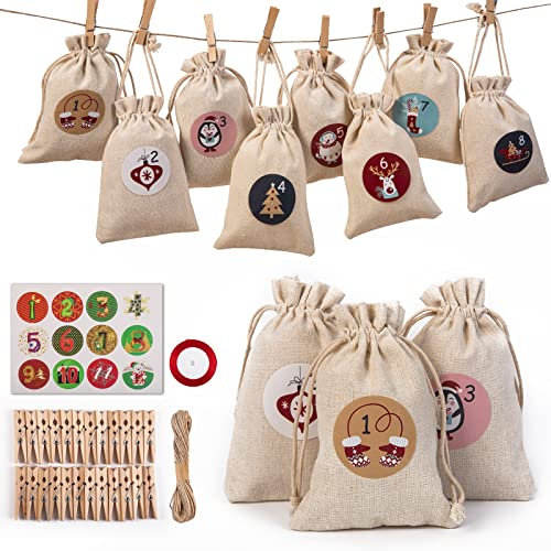Bulnqyk Adventskalender Taschen für Kinderpartys, 24 Stück (150 x 99 mm), Weihnachts-Countdown-Kalender, Geschenkverpackung, Jutebeutel zum Selbermachen, Geschenkbeutel mit 24 Aufklebern