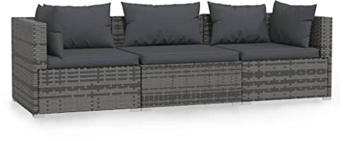 vidaXL 3-Sitzer-Sofa mit Kissen Grau Poly Rattan