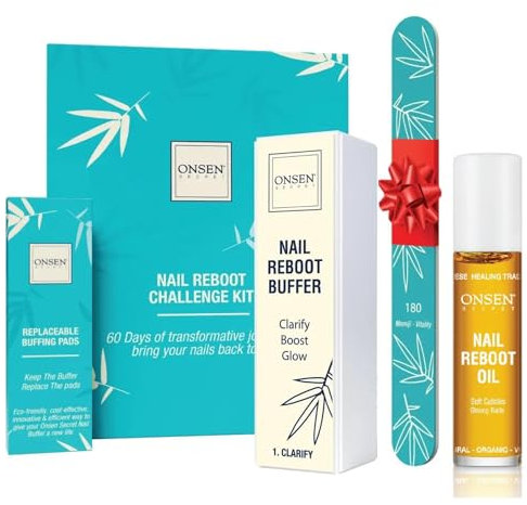 Onsen Secret Japanese Nail File Buffer and Shine Kit - Professional Nail File, 3-Way Nail Buffer Block w/Free Replacement Pads & Nail Strengthening Reboot Oil for Healthy Nails, Nail Reboot Kit, 1pk