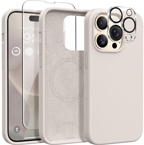 GONEZ für iPhone 14 Pro Hülle, kompatibel mit Magsafe, mit Displayschutz + Kameralinsenschutz, weiches, kratzfestes Mikrofaserfutter, stoßfeste Handyhülle aus flüssigem Silikon, Stein