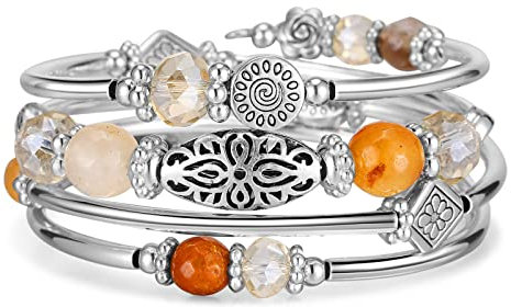 FULU AUTUMN Damen Boho Armband mit Mehrschichtiges Perlen Silber Wickelarmband Modeschmuck Geschenke zum Geburtstag und Muttertag für Frauen(Brown)