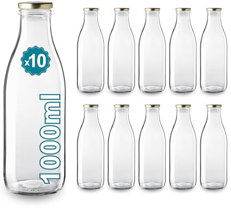 Espirito Rebelde 10 bottiglie di vetro vuote da 1000 ml con coperchio, bottiglie di vetro per succhi, latte, barbecue, salse, ideali per picnic, matrimoni e feste