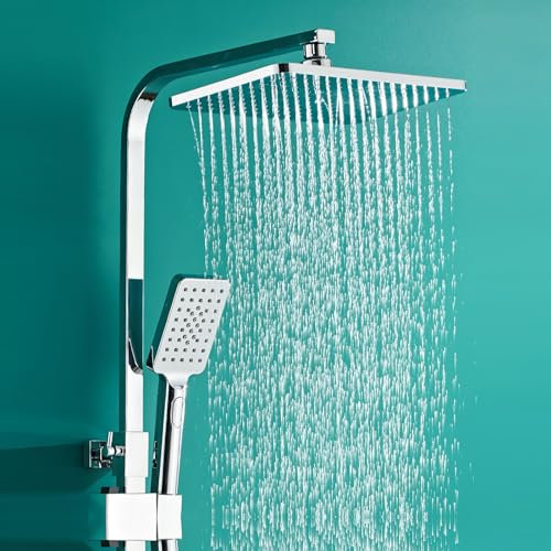 DELURA INOX 304,Colonne de Douche Design Carré sans Mitigeur Ensemble de Douche avec Étagère Douche for Baignoire Système de Douche Réglable en Hauteur for Salle de Bain Pommeau Douche 30x20cm