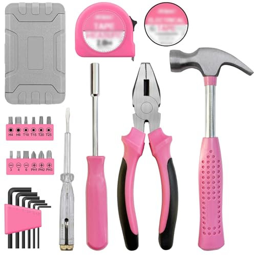 24 Pcs Pink Tool Kit for Ladies and Woman, Household DIY Tool Set, Portable Tool Box Set, Essential Mini Hand Tool Box for Repairs and Maintenance at Home, Office, School, and Garage